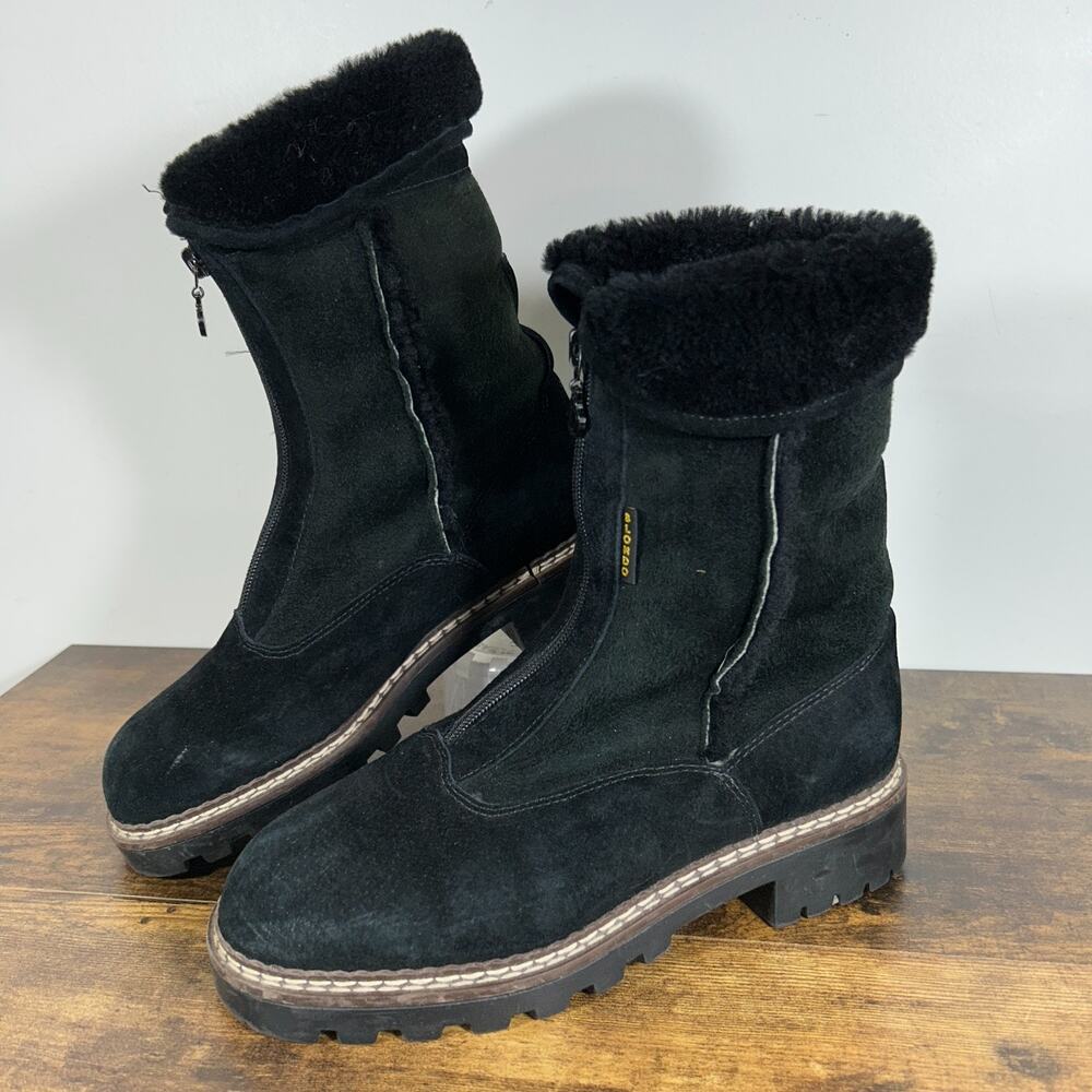 Blondo Waterproof Leather Ankle Boots Black Lug Sole Fur Cuff Suede Womens 8.5